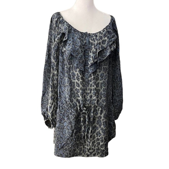Rebecca Taylor Women Leopard Print Tunic mini dress Boat Neck Silk blue gray 10 - Picture 1 of 9